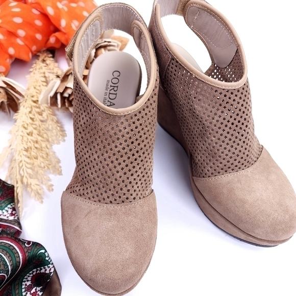 Corduroy Tan Brown Suede Ankle Boot Platform Wedge Sz 37 - Picture 5 of 9